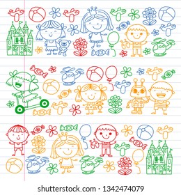 Children with toys. Colorful pattern for kindergarten posters.