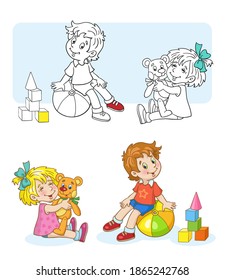 Children with toys. Coloring page and colorful example. In cartoon style. Vector illustration. For coloring book.