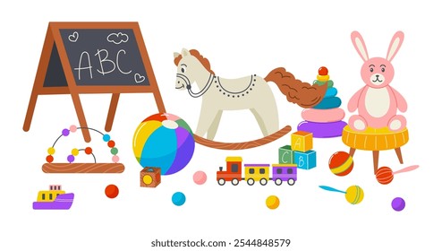 Juguetes para niños. Composición de cosas de niños. Educación y entretenimiento para bebés. Juegos de patio. Lindo caballo y conejo de peluche. Sala de juegos del jardín de infantes. Bola y cubos de color. Vector garish ilustración