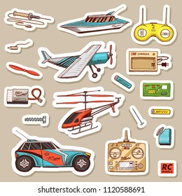 Children toys constructor. Vintage aircraft, boat, ship and car, RC transport, remote control models. Stickers for notebook. Details for service. Play Games. Engraved hand drawn sketch.