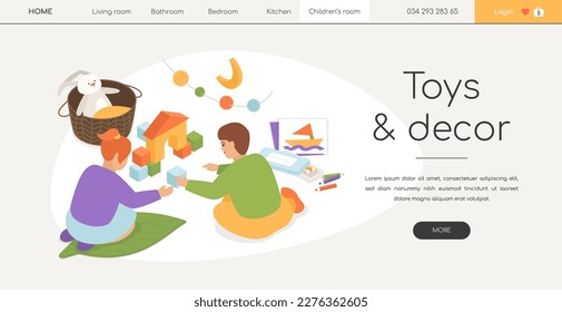 Children toys and decor - modern isometric web banner on white background with copy space for text. A header with boy and a girl playing with blocks, drawing with pencils. Happy childhood idea