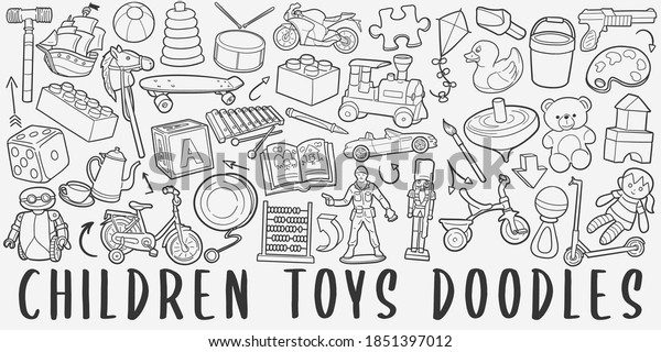 Children\
Toys doodle icon set. Kids Life Style Vector illustration\
collection. Banner Hand drawn Line art\
style.