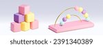 Children toys for educational and training purposes. 3D rendered cartoon vector illustration set of learning kids games in pastel colors - cube blocks and beads. Wooden or plastic puzzles for babies.