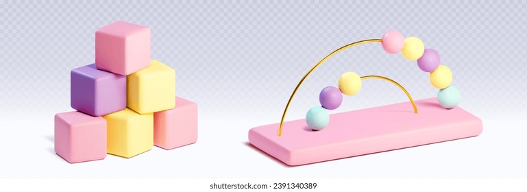 Children toys for educational and training purposes. 3D rendered cartoon vector illustration set of learning kids games in pastel colors - cube blocks and beads. Wooden or plastic puzzles for babies.