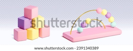 Children toys for educational and training purposes. 3D rendered cartoon vector illustration set of learning kids games in pastel colors - cube blocks and beads. Wooden or plastic puzzles for babies.