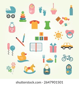 Children toys in flat style. set of icons on a theme of infants and their accessories animal lifestyle playroom soft sitting puzzle playtime holding funny creative block many pyramid