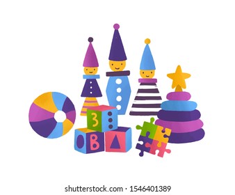 Children toys flat vector illustration. Bright building blocks, jigsaw puzzle, ball, pyramid, clowns isolated on white background. Educational games and playthings for little kids development.