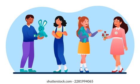 Children with toys and flowers. Boy with bunny and girl with rubber ball. Teenagers play and spend time together. students rest after school.