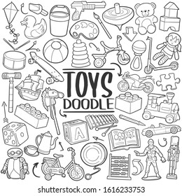 Children Toys. Funny Kids Play and Game. Traditional Doodle Drawn Sketch Hand Made Design Vector.