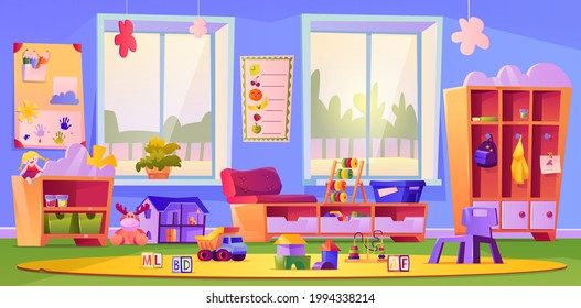 Kinderspielzeug und Möbel im Kindergarten oder bei der Kinderbetreuung. Erziehung und Bildung durch Spielen. Fenster und Matte mit Lehrwürfeln, Tisch und Kleinwagen. Cartoon-Vektorgrafik im flachen Stil