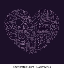 Children toys heart shape design line doodle vector icons collection