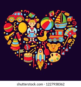 Children toys icons colorful heart shape cartoon  vector icons set