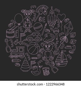 Children toys icons doodle set in circle on black background