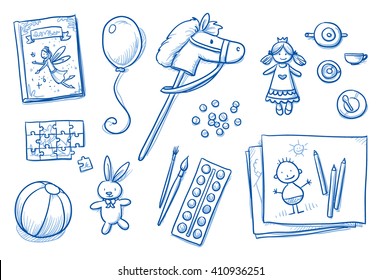 Children toys icons flat lay girls, fairy tale, puzzle, horse, colors, pens, brush, ball, doll, balloon. Hand drawn cartoon vector illustration.