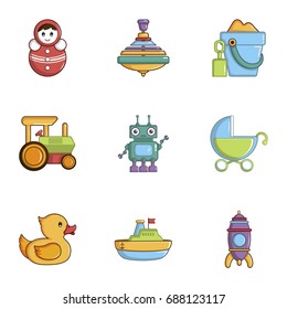 Children toys icons set. Cartoon set of 9 children toys vector icons for web isolated on white background