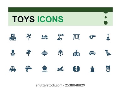 Children Toys icons set in solid style. Includes icons for collection, tricycle, board, pyramid, illustration and more. Filled icon collections. Editable vector illustration.