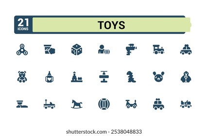 Children Toys icons set in solid style. Includes icons for collection, tricycle, board, pyramid, illustration and more. Filled icon collections. Editable vector illustration.