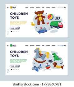 Children Toys Landing Page Templates Set, Toy Shop, Kids Club, Kindergarten or Playground Website, Homepage, App Design Vector Illustration