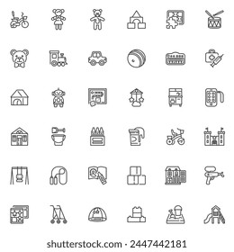 Children toys line icons set. linear style symbols collection, outline signs pack. Toys vector graphics. Set includes icons as Bicycle, Teddy Bear, Doll, Building Blocks, Board Games, Play Dough