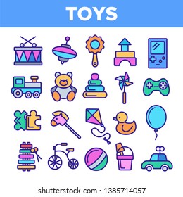 Children Toys Linear Vector Icons Set. Toys Thin Line Contour Symbols Pack. Kids Entertainment Pictograms Collection. Baubles, Playthings. Plush Teddy Bear, Car, Ball, Puzzle Outline Illustrations