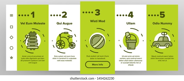 Children Toys Linear Vector Onboarding Mobile App Page Screen. Toys Thin Line Contour Symbols Pack. Kids Entertainment Pictograms Collection. Baubles, Playthings. Illustrations