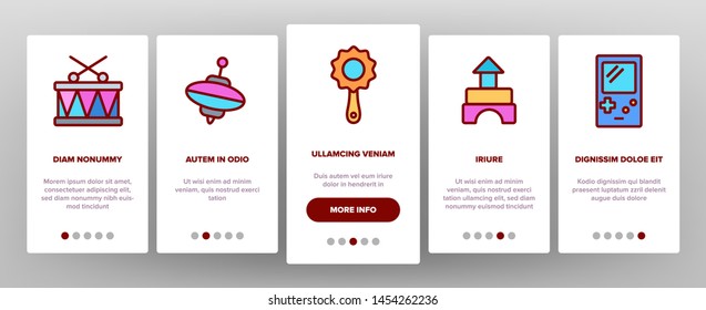 Children Toys Linear Vector Onboarding Mobile App Page Screen. Toys Thin Line Contour Symbols Pack. Kids Entertainment Pictograms Collection. Baubles, Playthings. Illustrations