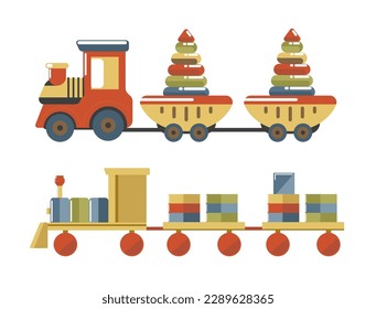 Children toys made of wood, isolated tractor with cubes and cones. Toddlers and infants plaything, games for boys and girls. Assortment in shop or store with kids items. Vector in flat style