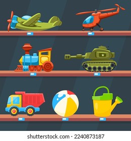 Children toys on shelves vector illustrations set. Cartoon drawings of toy airplane, helicopter, train, tank, truck, rubber ball, plastic watering can. Childhood, transport, entertainment concept