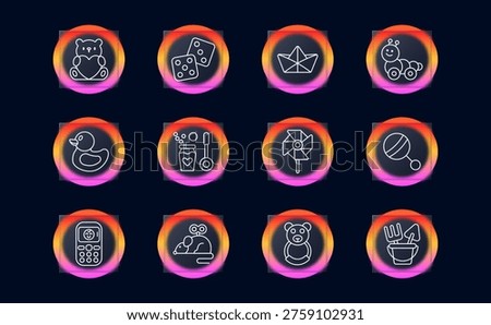 Children toys playtime set icon. Line symbols with teddy bear heart, dice cubes game, paper boat, toy car caterpillar, rubber duck, soap bubbles jar wand, pinwheel toy, rattle ball, toy phone