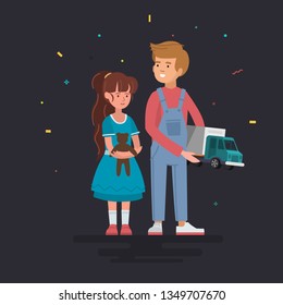 Children with toys presents vector characters illustration. Daughter and son hold toys. Family casual parenting concept.