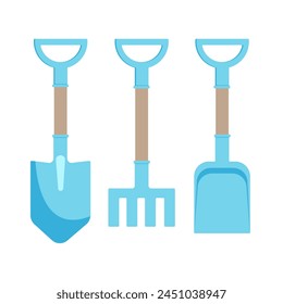 Children toys for the sandbox. Shovel, scoop and rake for playing on the beach. Vector illustration in blue color isolated on white background