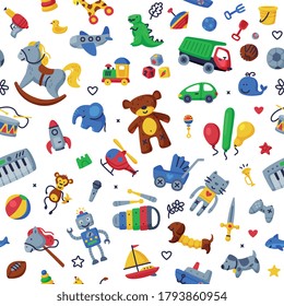 Children Toys Seamless Pattern, Cute Colorful Various Objects for Kids Game, Endless Repeating Print for Fabric, Wrapping Paper, Background Cartoon Vector Illustration