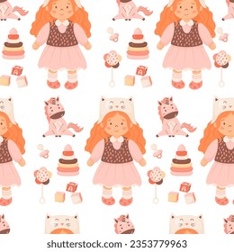 Children toys seamless pattern. Cute doll girl with redhead curly in funny hat, unicorn, rattle, pacifier, cubes and pyramid on white background. Vector illustration in cartoon style. kids collection