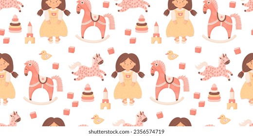 Children toys seamless pattern. Cute doll toy girl with ponytails, rocking horse and unicorn, duck, cubes and pyramid on white background. Vector kids horizontal illustration in cartoon style