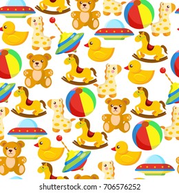 Children toys seamless pattern or kid cartoon background of bear, duck or horse and balloon ball. Bright color design template for child wallpaper or wrapping paper and textile. Vector illustration