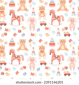 Children toys seamless pattern. Plush toys, car, cubes and rocking horse on white background. Vector illustration in cartoon style Cute kids collection