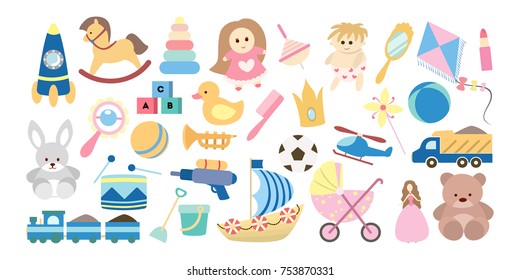 Children toys set. All kinds of colorful toys.