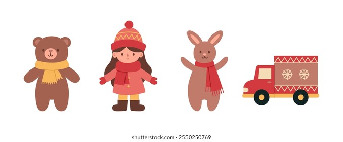 Conjunto de juguetes para niños con oso, muñeca, conejo y coche. Regalos de Papá Noel para niño y niña. Juguetes de invierno para niños. Ilustración plana de Vector aislada sobre fondo blanco