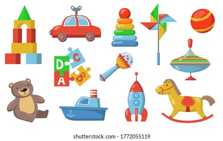 Kinderspielzeug-Set. Farbiges Plastik-U-Boot, Auto, Raumschiff, Teddybär, Puzzle-Konstruktor, Rattle Ball. Einzelne Vektorgrafik für Kinder, Kleinkinder, Babybetreuungskonzepte