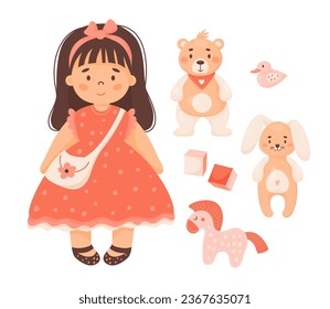 Juegos de juguetes para niños. Muchacha linda con muñeca de vestir rojo, oso de juguetes de peluche y conejo, cubos, caballo con pato. Ilustración vectorial. Artículos aislados al estilo de las caricaturas. colección de niños