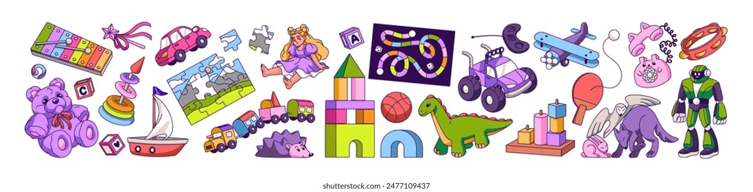 Children toys set. Different educational, board games for babies: pyramid, blocks. Childish cars, dolls, kids train, plush bear, dinosaur figure. Flat isolated vector illustrations on white background