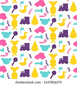 Children toys silhouettes colorful vector seamless pattern