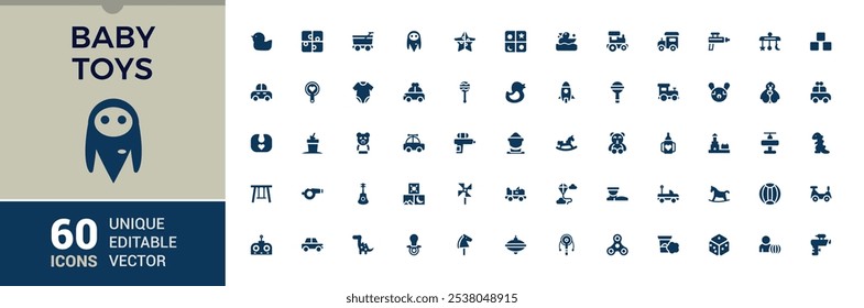 Niños Juguetes conjunto de iconos de Web sólido. Contiene relacionados con madera, bola, globo, caballo, Web, colección, pato, conjunto. Paquete de iconos llenos planos. Ilustración vectorial editable.