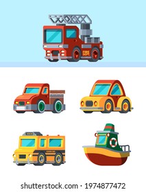 Children toys. Stylized vehicles in cartoon style different transport cars trucks boats airplane garish vector illustrations of mini toys
