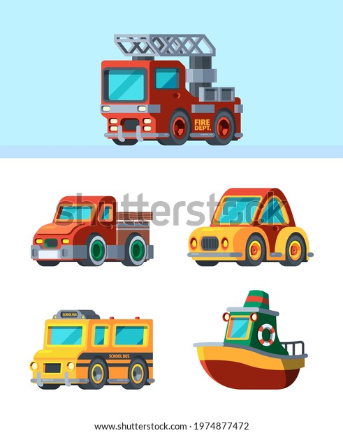 Children toys. Stylized vehicles in cartoon style\
different transport cars trucks boats airplane garish vector\
illustrations of mini\
toys