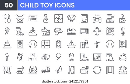 Children Toys vector line icon set. Contains linear outline icons like Baby, Ball, Kid, Bear, Game, Horse, Train, Truck, Car, Robot, Doll, Kite, Puzzle, Castle, Drum, Rattle. Editable use and stroke.