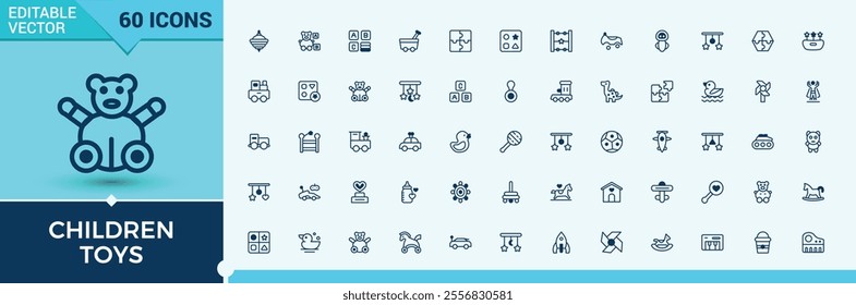 Children Toys vector line icon set. Contains related to kid, horse, baby, car, sand, toy, play, block. Outline icon collections. Solid line editable stroke. Vector line and solid icons.