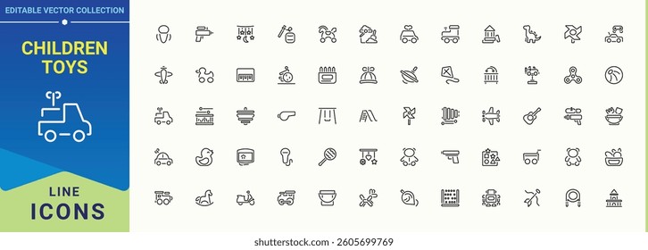 Children Toys vector line icon set. Includes thin line symbols childhood, ball, play, game, children, baby and more. Toy icon collection. Art and illustration.