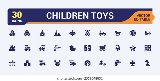 Children Toys vector solid icon set. Contains related to pyramid, entertainment, icon, wooden, bucket, web, flat and more. Minimalist flat filled icon.