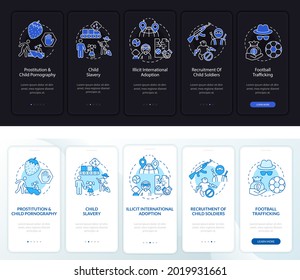 Children trafficking day, night mode onboarding mobile app page screen. walkthrough 5 steps graphic instructions with concepts. UI, UX, GUI vector template with linear night and day mode illustrations